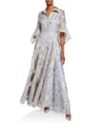 Floral Organza Stripe Shirt Trumpet-sleeve Gown