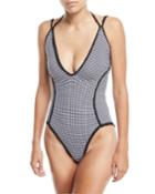 Deep-v High-cut Mixed-gingham Print One-piece