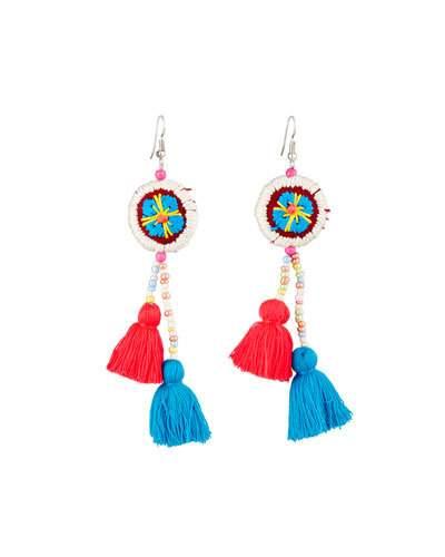 Embroidered Circle Tassel Drop Earrings