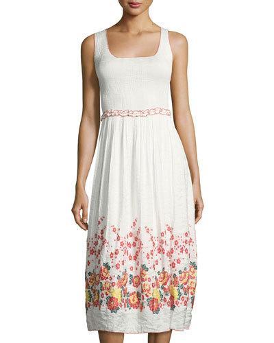 Smocked Jacquard Sleeveless Dress, White Pattern