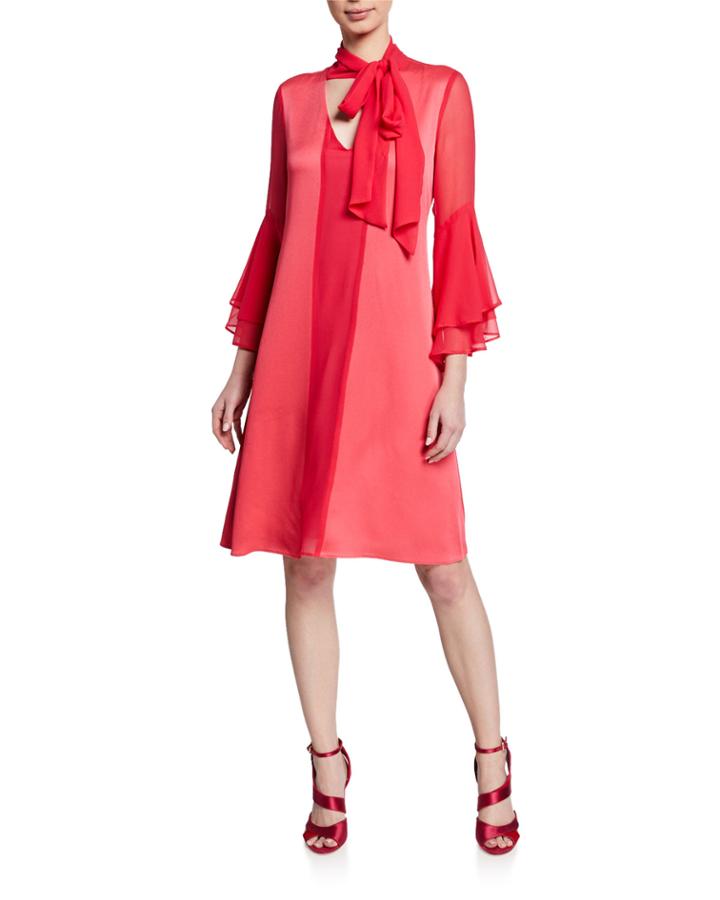 V-neck Trumpet-sleeve Satin Dress With Chiffon