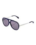 Metal & Acetate Combo Aviator Sunglasses, Navy Blue