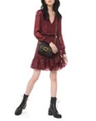 Shiny Plaid Long-sleeve Smock-waist Ruffle Dress