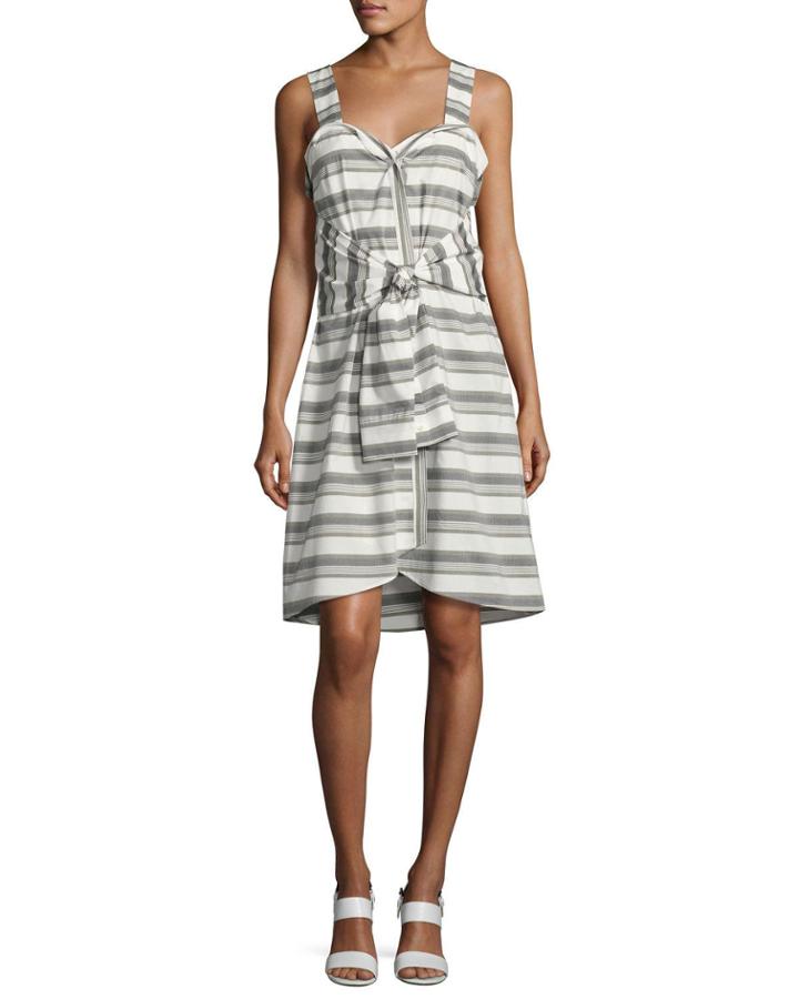 Sleeveless Striped Tie-front Poplin Dress, White