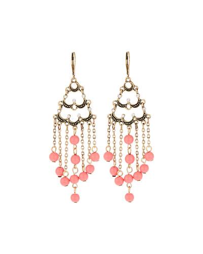 Golden Crystal & Coral Beaded Chandelier Earrings