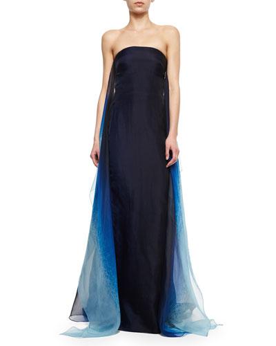 Strapless Ombre-flutter Organza Gown, Indigo
