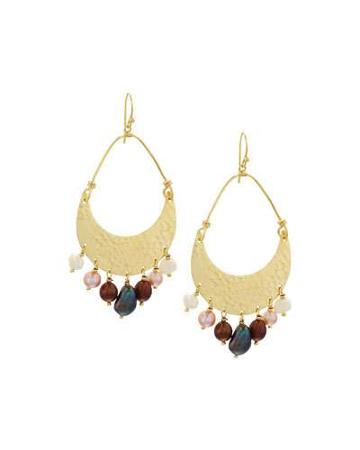 Hammered Crescent & Freshwater Pearl Drop Earrings, Copper