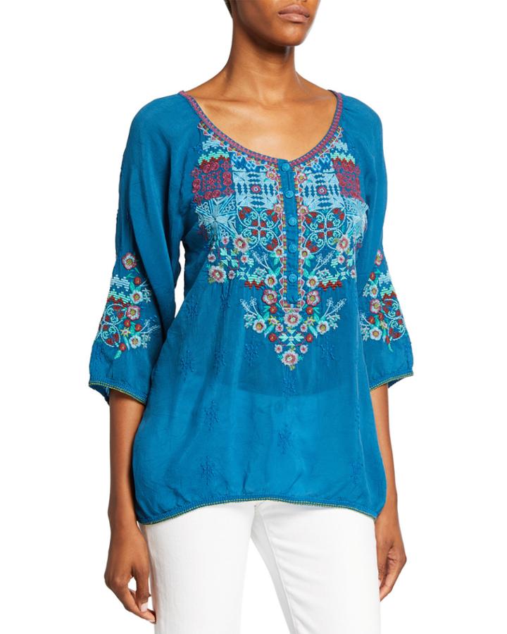 Muna Embroidered Scoop-neck 3/4-sleeve Georgette Blouse
