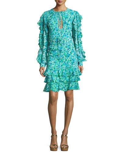 Ruffled Floral Keyhole Dress, Turquoise