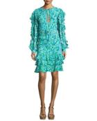Ruffled Floral Keyhole Dress, Turquoise