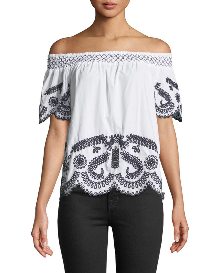 Off-the-shoulder Embroidered Short-sleeve Blouse