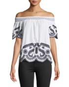 Off-the-shoulder Embroidered Short-sleeve Blouse