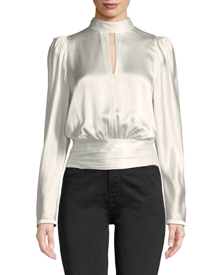 Satin Long-sleeve High-neck Keyhole Top