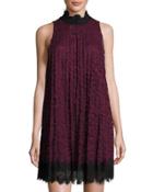 High-neck Pleated Lace Dress, Red/black