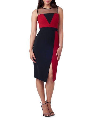 Illusion-top Colorblock Dress, Red/black
