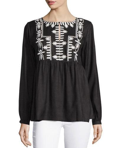Embroidered Crewneck Long-sleeve Tunic, Black