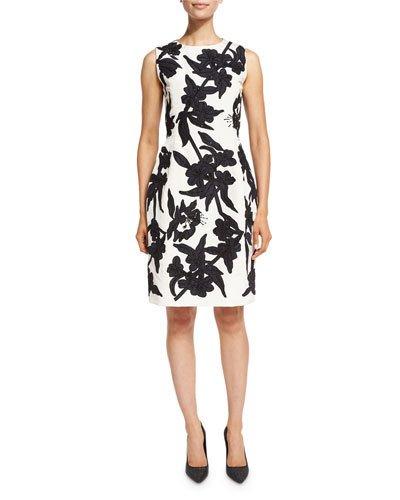 Beaded Faille Sheath Dress, White/navy