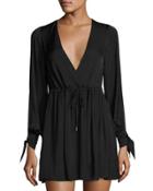 Jenny Cold-shoulder Drawstring Satin Dress, Black