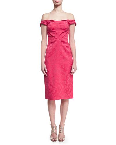 Off-the-shoulder Floral Jacquard Cocktail Dress, Fuchsia