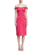 Off-the-shoulder Floral Jacquard Cocktail Dress, Fuchsia