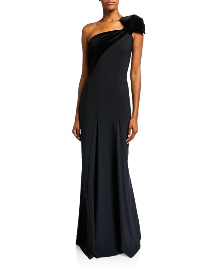One-shoulder Long Gown W/ Velvet Detail
