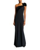 One-shoulder Long Gown W/ Velvet Detail