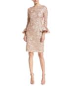 Sequin Taffeta Bell-cuff Cocktail Dress