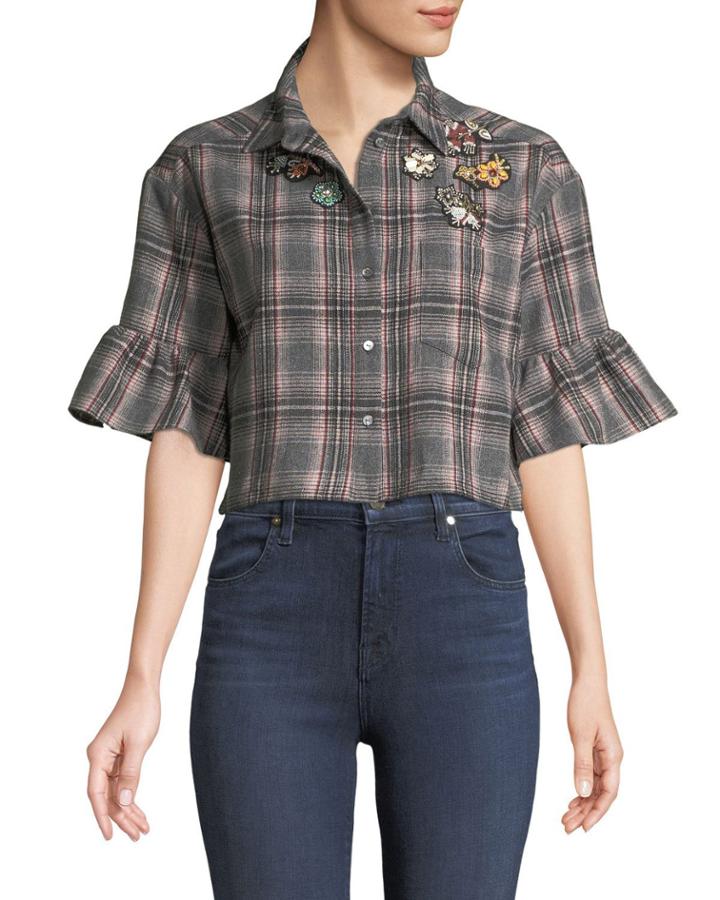 Emile Embellished Plaid Button-front Crop Top