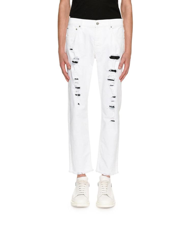Distressed Straight Jeans With Contrast Backing, White/black