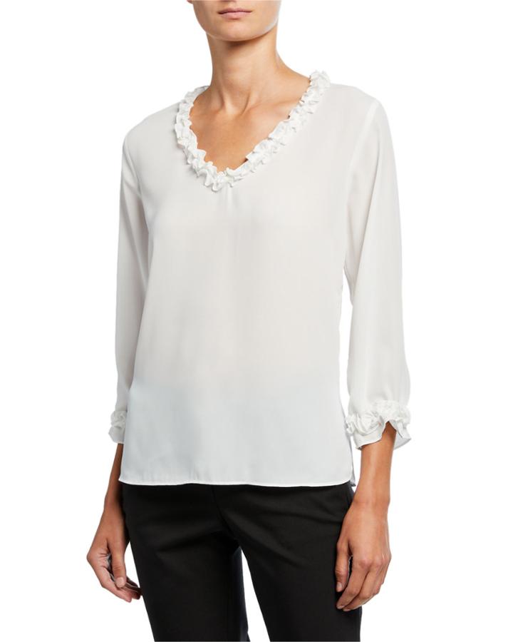 V-neck 3/4-sleeve Ruffle-trim Blouse