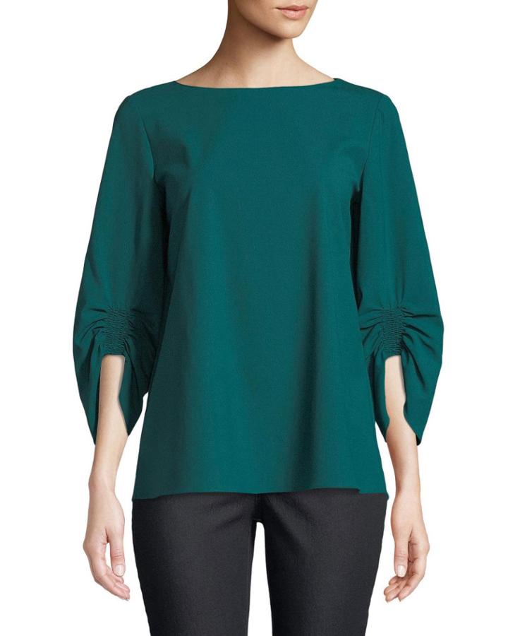 Elisio Boat-neck Ruched-sleeve Stretch-wool Blouse
