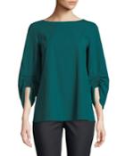 Elisio Boat-neck Ruched-sleeve Stretch-wool Blouse