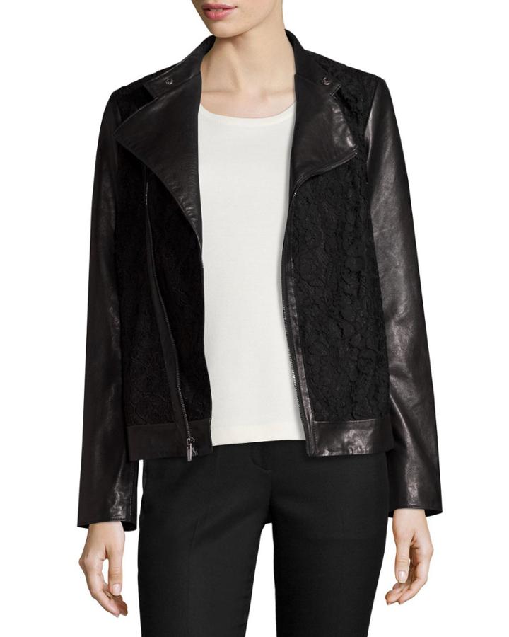 Lace-panel Leather Moto Jacket, Black