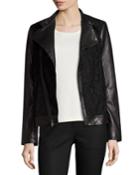 Lace-panel Leather Moto Jacket, Black