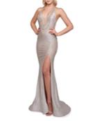 Beaded Chain Halter Metallic Trumpet Gown With