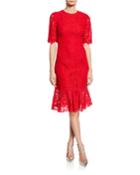 Elbow-sleeve Lace Flared-hem Cocktail Dress