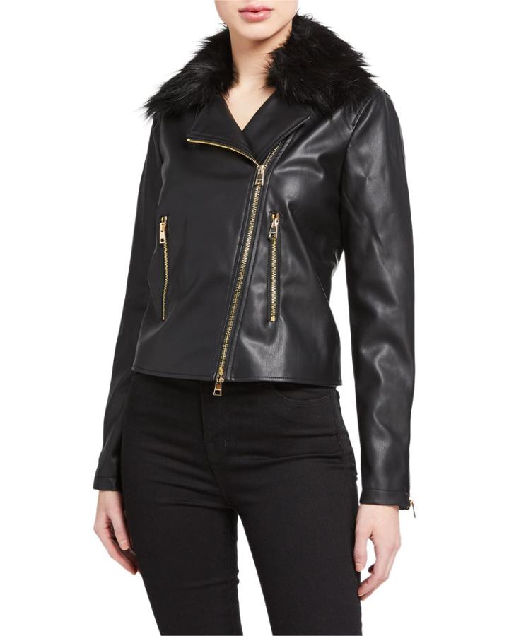 Faux-leather Moto Jacket With Faux-fur Collar