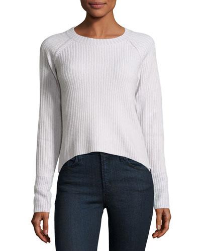 Cashmere Crewneck Rib-knit Sweater, Quicksilver Glacier