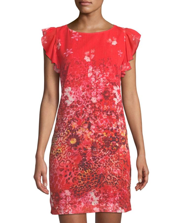 Floral Animal-print Ruffle-shoulder Dress