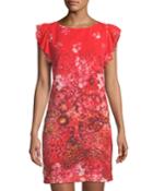 Floral Animal-print Ruffle-shoulder Dress