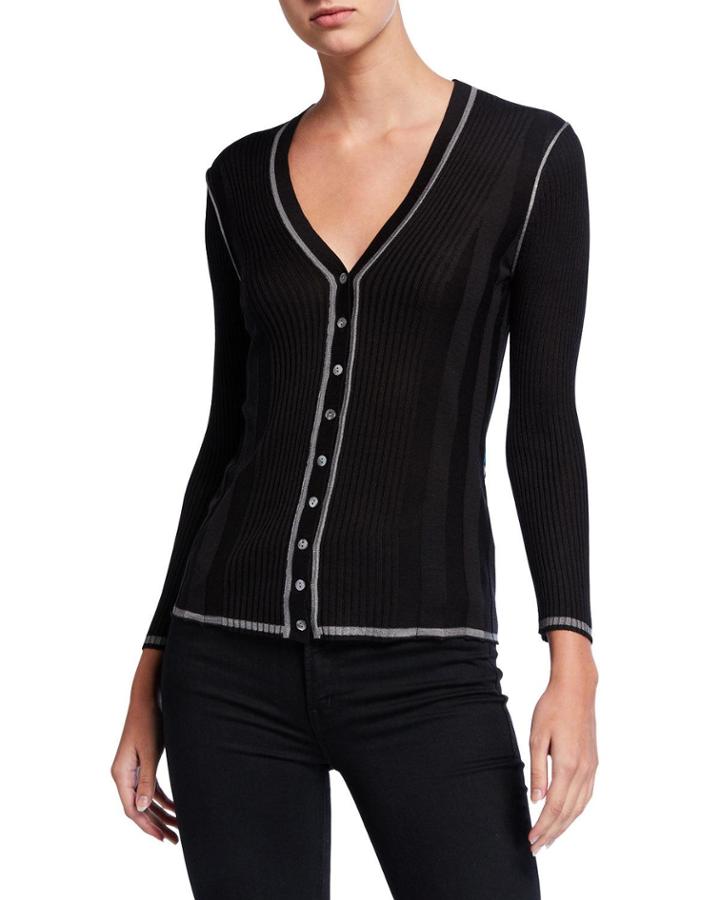 3/4-sleeve Piped Button-front Cardigan W/ Back