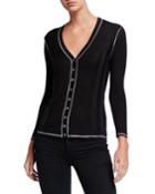 3/4-sleeve Piped Button-front Cardigan W/ Back