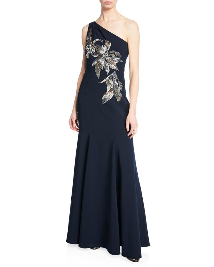 One-shoulder Mermaid Gown W/ Beaded Embroidered Appliques