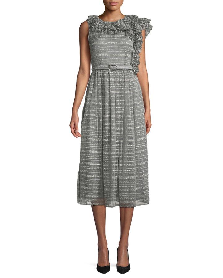 Ruffled-shoulder Belted Metallic Rope-print A-line Midi Cocktail Dress