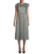 Ruffled-shoulder Belted Metallic Rope-print A-line Midi Cocktail Dress