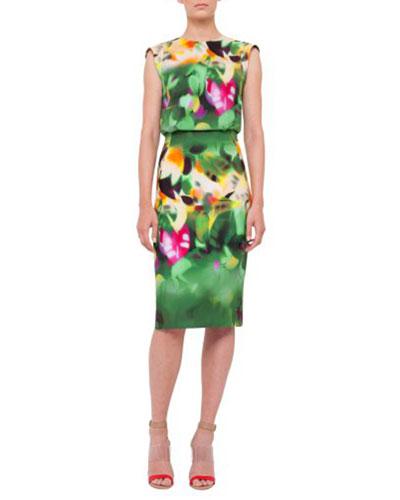 Sleeveless Grand-hedge-print Sheath Dress,