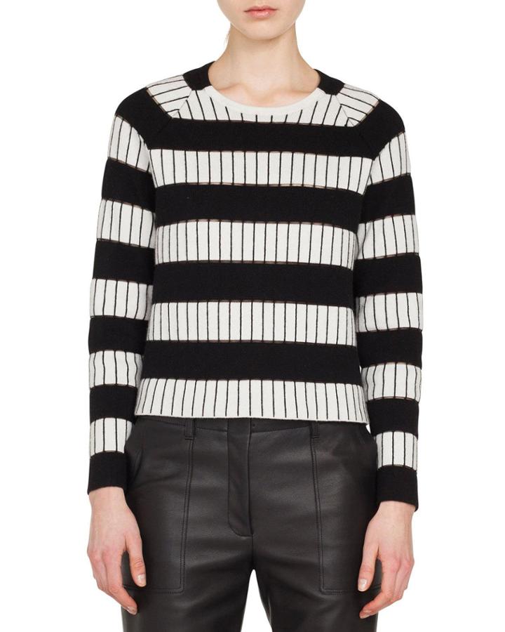 Crewneck Long-sleeve Striped-embroidered Cashmere