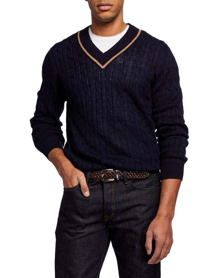 Men's Braided V Neck Linen-blend