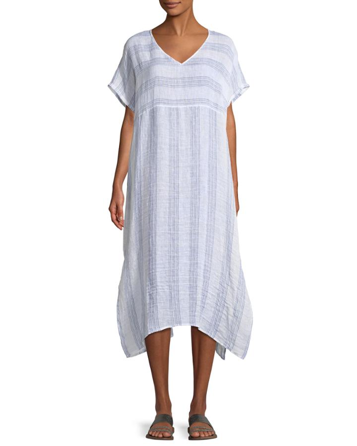 Gauze Striped Organic Linen V-neck Dress