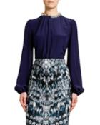 Jeweled-neck Full-sleeve Crepe Blouse